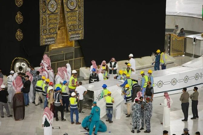 The barriers around the holy Kaaba — installed two years ago to prevent the spread of coronavirus — were removed on Tuesday. (Photos @ReasahAlharmain) https://arab.news/5q9gy
