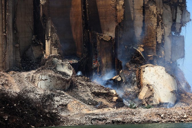 What remains of the silos in the port of Beirut after the massive Aug. 4, 2020, burn on July 14, 2022 in a fire linked to rising temperatures. (AFP)