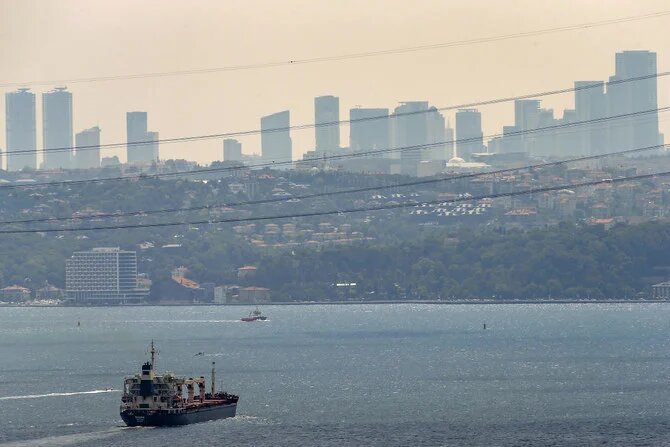 The Sierra Leone-flagged cargo ship Razoni sails, after being inspected by Russian, Ukrainian, Turkish and UN officials, through the Bosphorus Strait, Istanbul, Turkey, Aug. 3, 2022. (AP Photo)