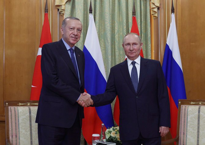 Turkish President Recep Tayyip Erdogan, left, and Russian President Vladimir Putin prior to their meeting at the Rus sanatorium in Sochi on Aug. 5, 2022. (Turkish Presidency via AP )