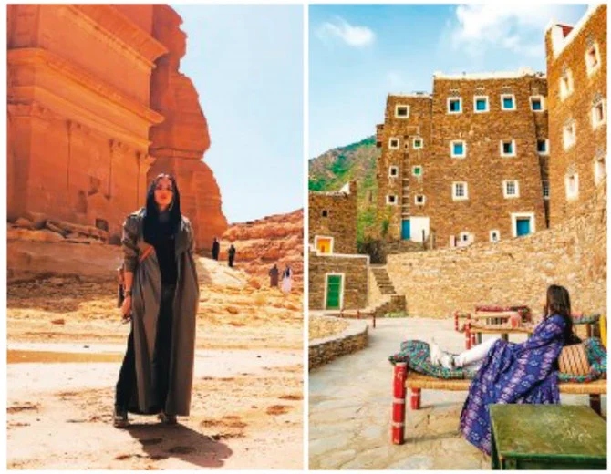 Saudi influencers including Aram Kabbani, left, and Nada Al-Nahdi, right, use social media platforms to promote fashion and lifestyle brands. (SocialMedia)