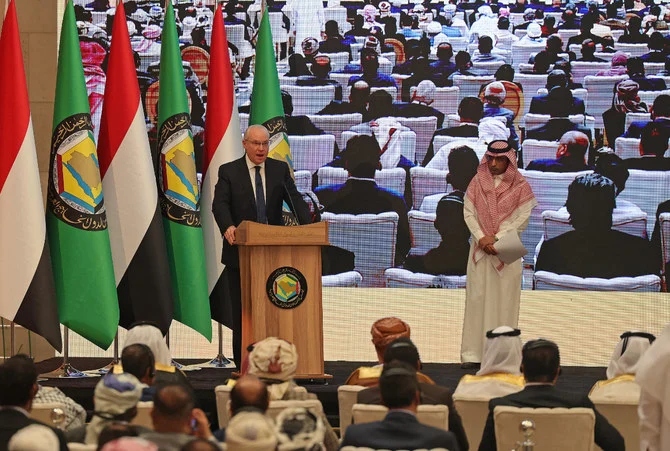 In this March 30, 2022, photo, US Special Envoy for Yemen Tim Lenderking speaks during a conference on Yemen's devastating war hosted by the six-nation Gulf Cooperation Council in Riyadh. (AFP file)