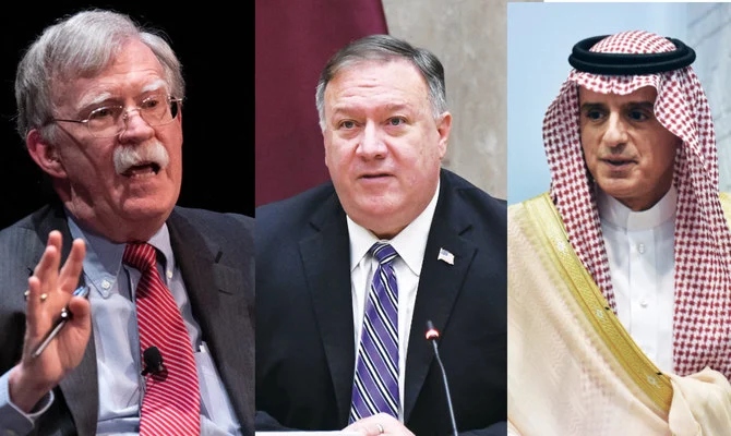 John Bolton (left), Mike Pompeo and Adel Al-Jubeir have been revealed to be the latest targets for assassination by the IRGC. (AFP photos)