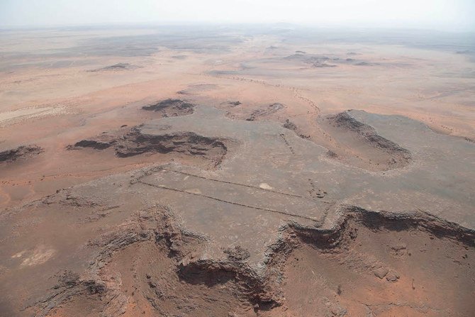 A Neolithic mustatil next to a Bronze Age pendant burial in Kaybar. (Supplied/Mat Dalton)