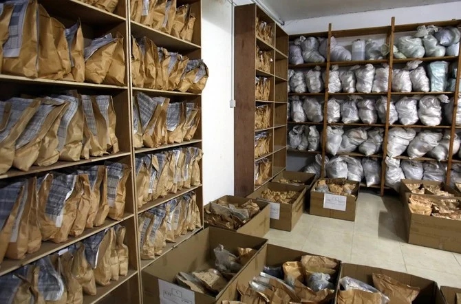 Above, bags containing confiscated drugs are displayed at the police anti-narcotics unit headquarters in Amman amid Jordan’s campaign to crack down on the illegal drug trade. (AFP file photo)