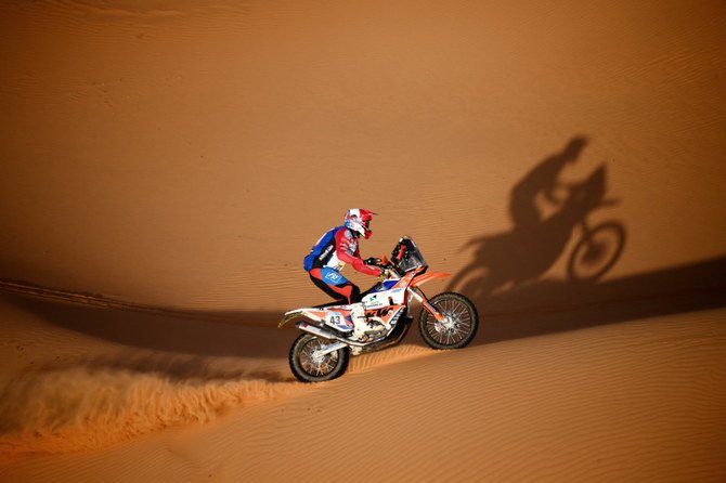 US biker Mason Klein competes during Stage 7 of the Dakar Rally 2022 between Riyadh city and Dawadmi town on Jan. 9, 2022. (AFP file)