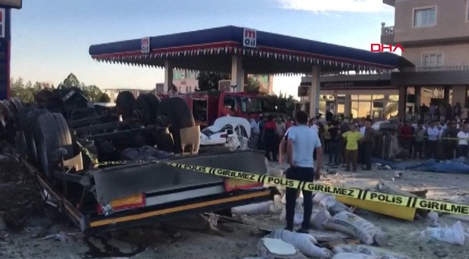 A video grab taken from a footage of AFP TV on August 20, 2022 shows a truck after a crash in Derik district of Mardin in Turkey.(Demiroren News Agency via AFP)
