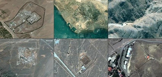 Above, satellite photos of Iran’s purported nuclear sites. (Maxar Technologies/AFP)