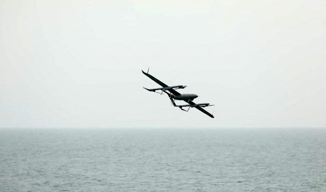 A military drone launched from an Iranian navy vessel in the Indian ocean on July 15 2022. (AFP/File)