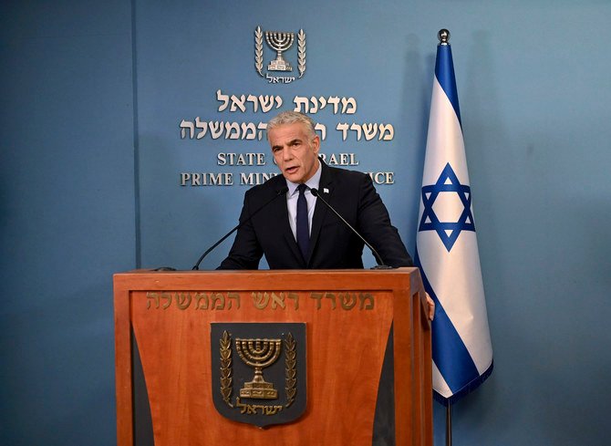 Israeli Prime Minister Yair Lapid speaks about Iran at a security briefing for the foreign press at the prime minister's office in Jerusalem, Wednesday, Aug. 24, 2022. (AP)
