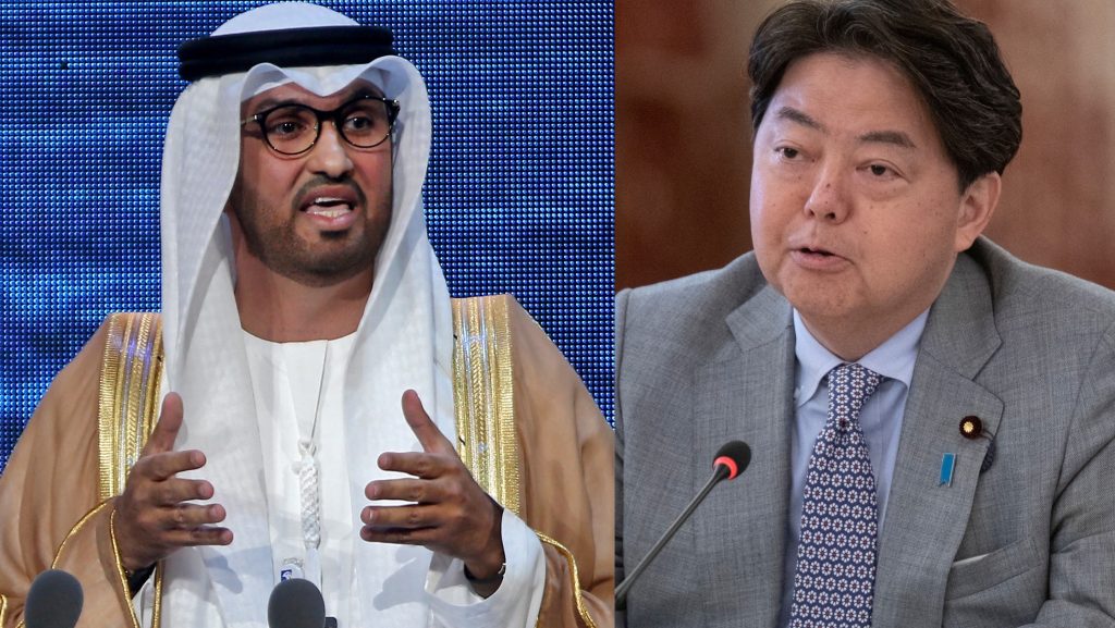 Sultan Al Jaber, Minister of Industry and Advanced Technology for the United Arab Emirates and Japan’s Foreign Minister Hayashi Yoshimasa. (AFP)