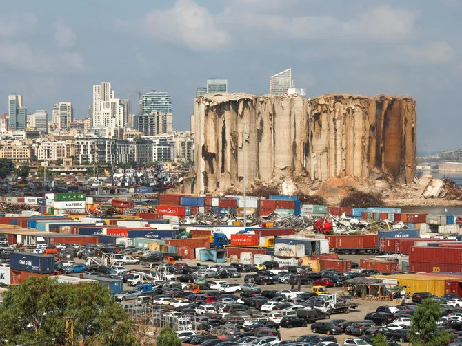 A view shows the partially-collapsed Beirut grain silos, damaged in the August 2020 port blast, in Beirut on Tuesday. (Reuters)