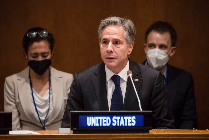 US Secretary of State Antony J. Blinken speaks during a meeting with Non-Proliferation Treaty Non-Nuclear Weapons States Parties at the UNGA Monday, Aug. 1, 2022. (AP)