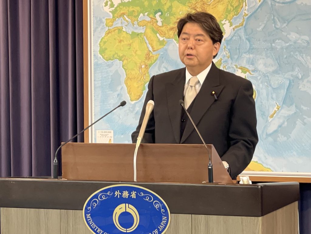 Minister HAYASHI speaks at an evening press conference held at the ministry Wednesday night. (ANJP)