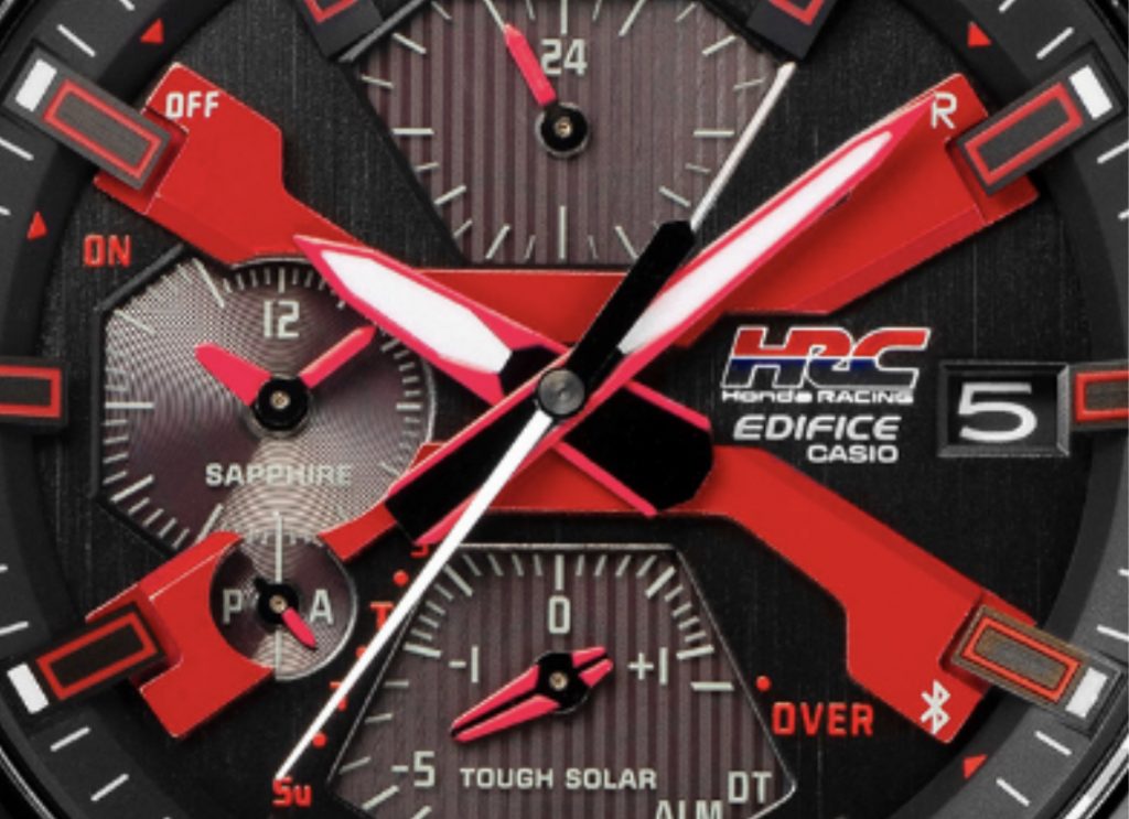 Honda Racing and Casio Computer Co., Ltd., have teamed up to a new watch in the EDIFICE line of timepieces that features the same paint used in the red badge that appears on Honda Racing cars. (Casio)