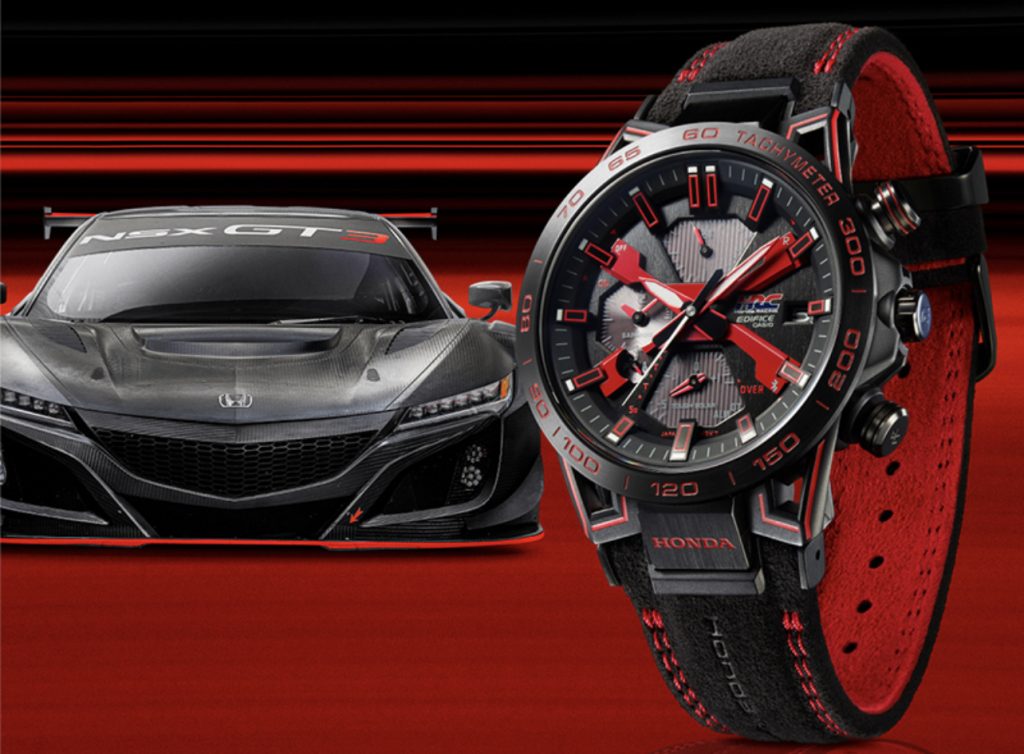 Honda Racing and Casio Computer Co., Ltd., have teamed up to a new watch in the EDIFICE line of timepieces that features the same paint used in the red badge that appears on Honda Racing cars. (Casio)