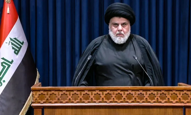 Iraqi cleric Moqtada Sadr delivers a televised speech in the central Iraqi city of Najaf. (File/AFP /Al Iraqiya TV)