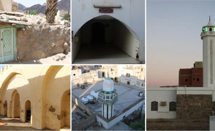 Al-Jubail Mosque (top left), Al-Baiah Mosque (bottom left), Al-Khadr Mosque (top middle), Abu Inbeh Mosque (bottom middle), Al-Fath Mosque (right). (SPA)