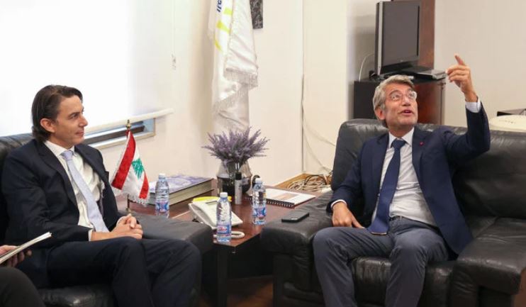 Lebanon's caretaker Energy Minister Walid Fayad (R) meets with US Senior Advisor for Energy Security Amos Hochstein in Beirut on July 31, 2022. (AFP)