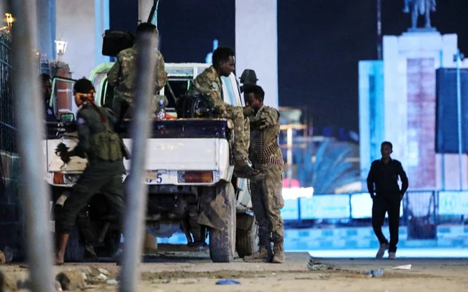 Security forces patrol near the Hayat Hotel after an attack by Al-Shabaab fighters in Mogadishu on August 20, 2022. (AFP)