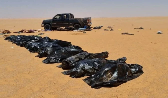 The bodies of 20 people who got lost in the Libyan desert in body bags in June this year. (Reuters/File Photo)