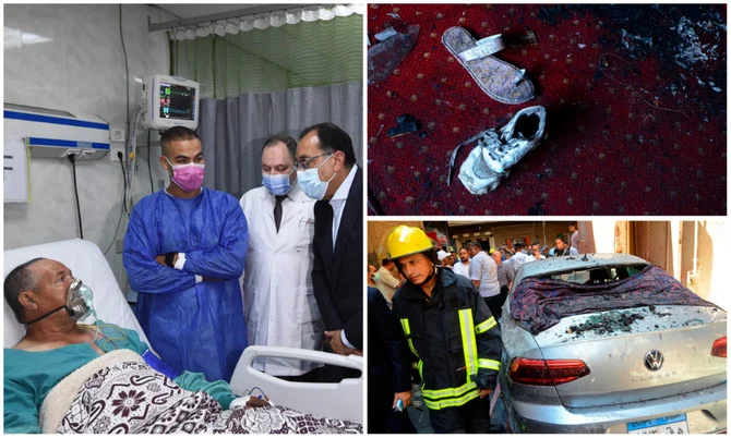 Left: Prime Minister Mostafa Madbouli (C) and Health Minister Khaled Abdel-Ghaffar (R) visiting an injured man at a hospital after a fire ripped through a Coptic church in Cairo. (AFP/AP)