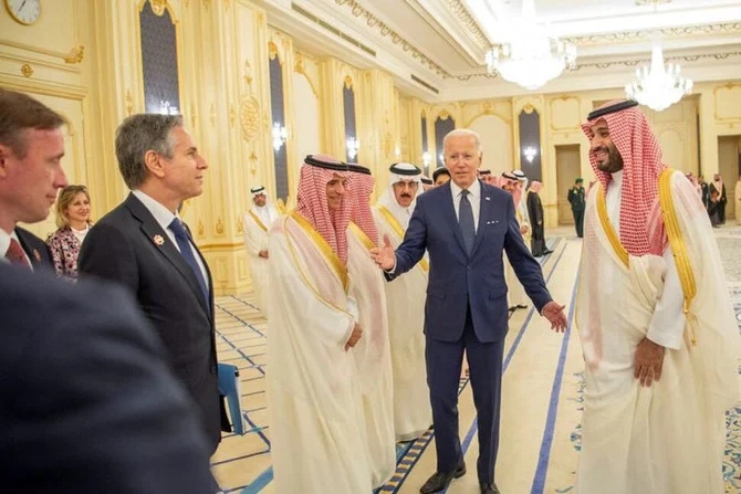 Saudi Crown Prince Mohammed bin Salman welcomes US President Joe Biden in Jeddah on July 15, 2022. (Saudi Royal Court photo)