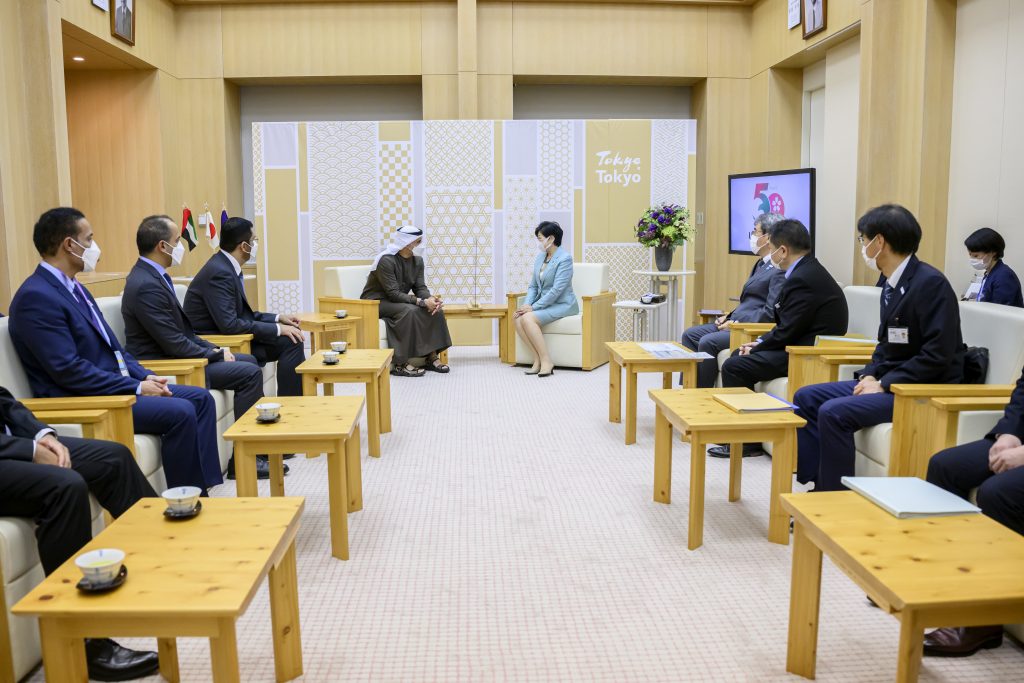 Sheikh Khaled meets with Tokyo governor YURIKO Koike. (WAM)