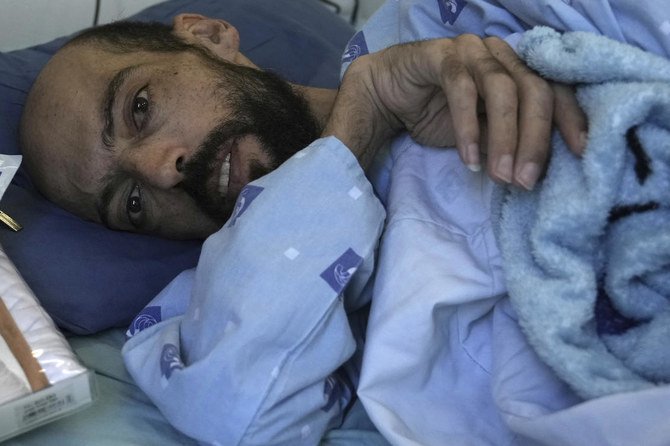 Khalil Awawdeh, a Palestinian who has been on a hunger strike for several months, in Asaf Harofeh Hospital, Be’er Ya’akov, Israel, Wednesday, Aug. 24, 2022. (AP Photo)