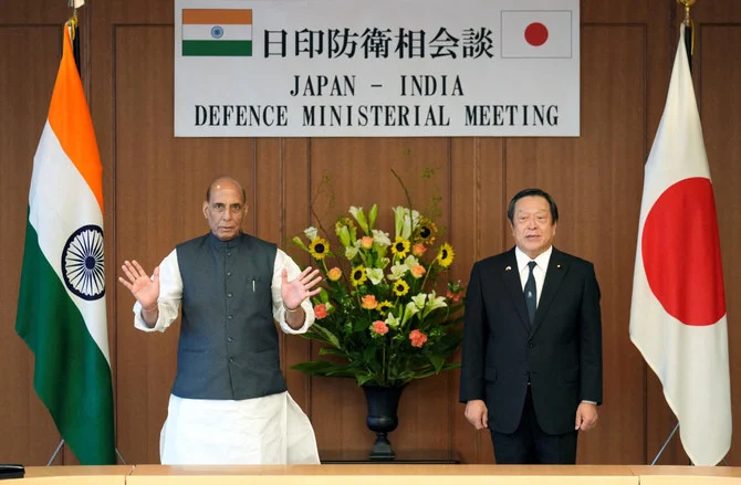 India’s defense minister Rajnath Singh, left, and Japan’s defense minister Yasukazu Hamada prior to their bilateral defense meeting in Tokyo on Sept. 8, 2022. (Reuters)