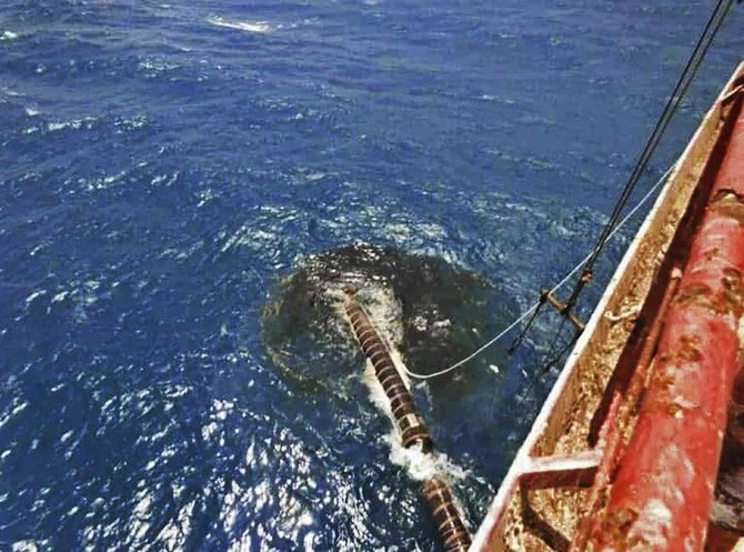 This image provided by I.R. Consilium taken in 2019, shows the external piping system of the FSO Safer and the hose failure that led to a spill, moored off Ras Issa port, Yemen. (AFP File Photo)