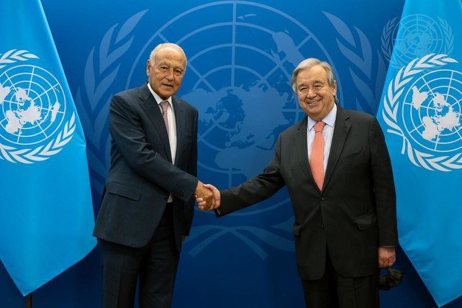UN Secretary-General Antonio Guterres, left, and Arab League Secretary-General Ahmed Aboul Gheit. (Twitter: @arableague_gs)