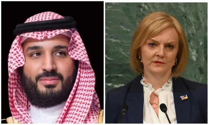 Saudi Arabia’s Crown Prince Mohammed bin Salman received a phone call from Britain’s prime minister Liz Truss on Monday. (SPA/AFP)