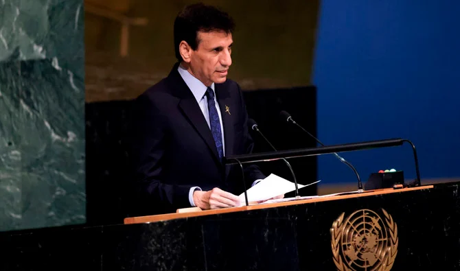 Oman’s permanent representative to the United Nations Mohammed Al-Hassan addresses the 77th session of the U.N. General Assembly, Monday, Sept. 26, 2022, at the U.N. headquarters. (AP)