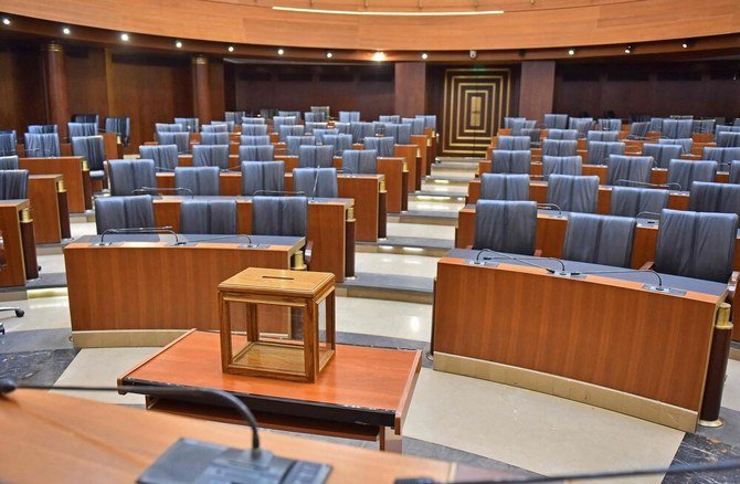 A ballot box for the presidential election is placed on a table at the parliament in the Lebanese capital Beirut, on Wednesday. Lebanon’s speaker Nabih Berri called for parliament to meet Thursday to elect a president to replace Michel Aoun whose term expires on Oct. 31. (AFP)