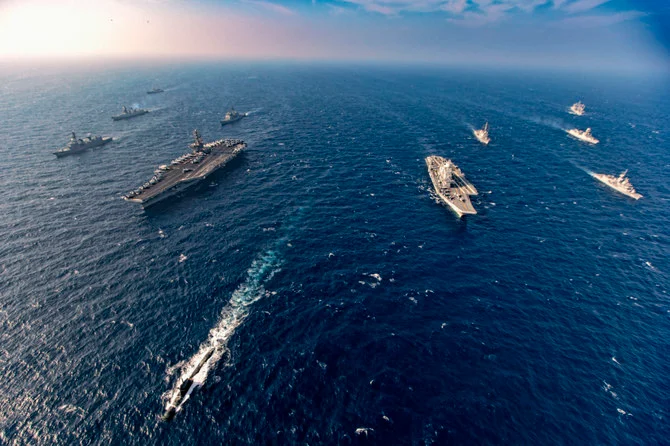 Warships from Japan, India, Australia and the US take part in the Malabar naval exercise in the Bay of Bengal in the Indian Ocean on Oct. 12, 2020. (Indian Navy via AFP)