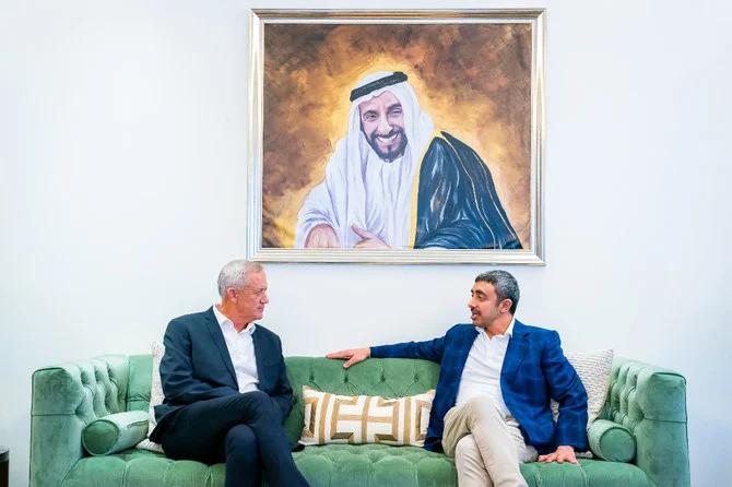 UAE Foreign Minister Sheikh Abdullah bin Zayed discussed the role of Abraham Accords in the region with Israeli Defense Minister Benny Gantz. (Emirates News Agency WAM)