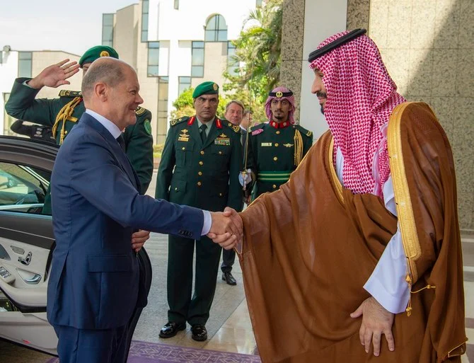German Chancellor Olaf Schulz met Saudi Crown Prince Mohammed bin Salman in Jeddah. (Photo courtesy: Twitter/@Bandaralgaloud)