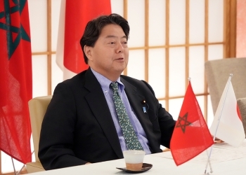 Japanese Foreign Minister HAYASHI Yoshimasa in a video conference with the Moroccan Foreign Minister Nasser Bourita. (MOFA)