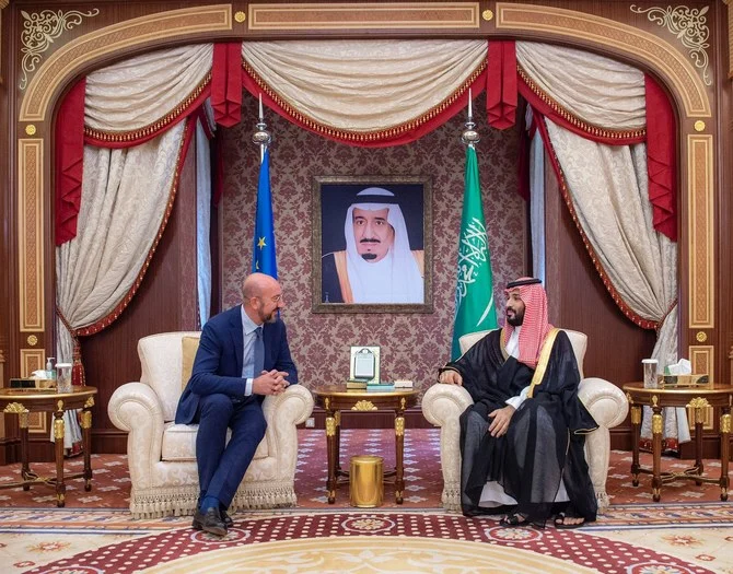 Saudi Arabia’s Crown Prince Mohammed bin Salman meets with the President of the European Council Charles Michel on Tuesday. (SPA)