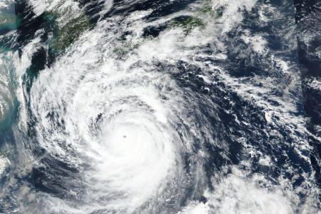 This Saturday, Sept. 17, 2022 satellite image released by NASA shows Typhoon Nanmadol, which is approaching southwest Japan. (via AP)