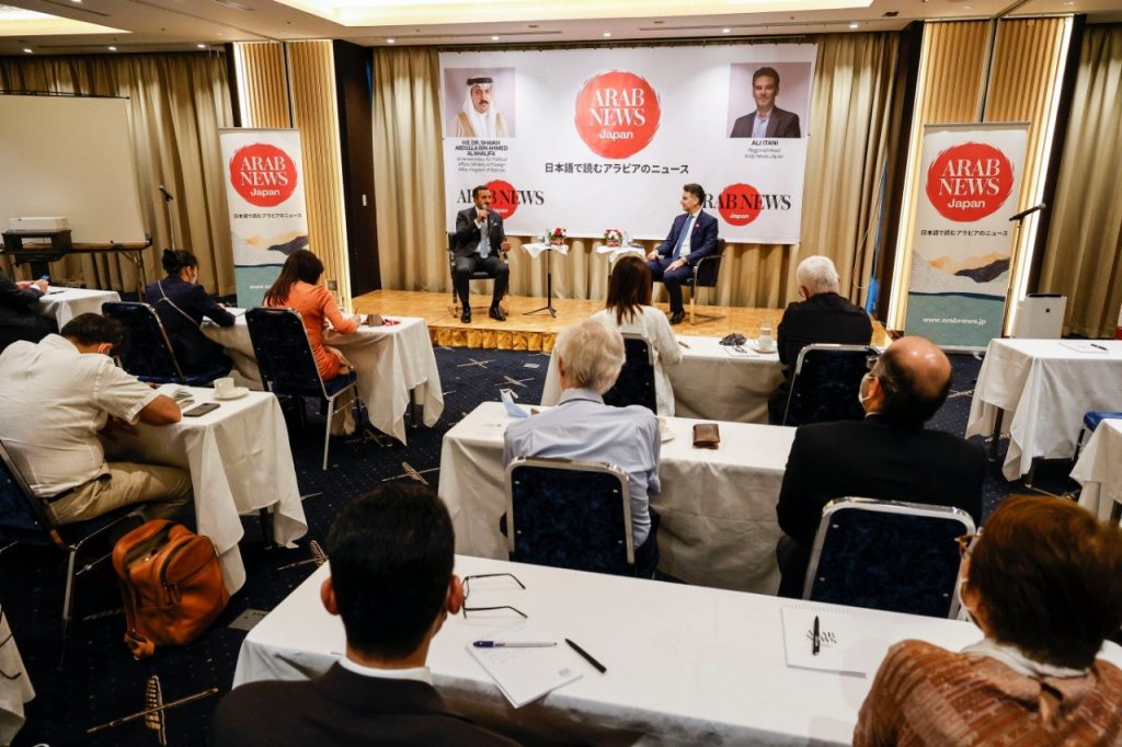 Bahrain’s undersecretary for political affairs, Dr. Shaikh Abdulla bin Ahmed Al-Khalifa, and its Ministry of Foreign Affairs on Tuesday participated in an Arab News Japan roundtable event in Tokyo. (Arab News Japan)