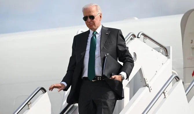 US President Joe Biden disembarks Air Force One at Joint Base Andrews in Maryland, Oct. 17, 2022. (AFP)