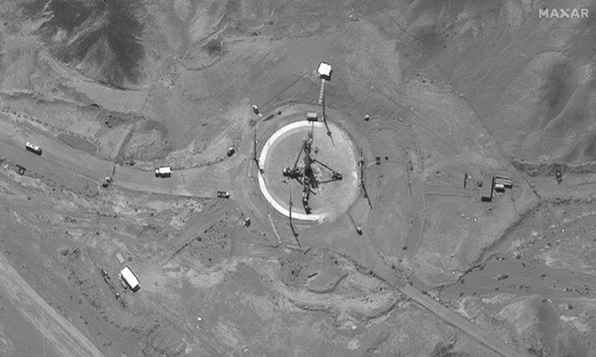 An erected rocket at a launch pad at the Imam Khomeini Space Center in Iran’s rural Semnan province. (File/AFP)