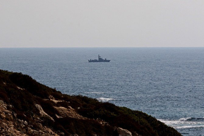 An Israeli Navy vessel patrols in the Mediterranean Sea at the maritime border between Israel and Lebanon, off the southern Lebanese town of Naqoura. (AFP)