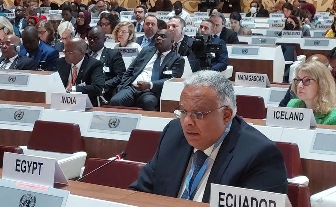 Ahmed Ihab Gamaleldin addresses the 73rd Session of the UNHCR Executive Committee. (Twitter Photo)