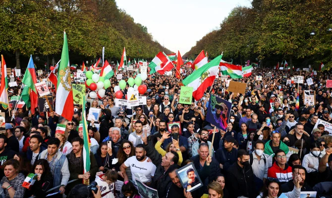 Demonstrators take to the streets in Berlin, Germany, on October 22, 2022, in support of protests against the death of Mahsa Amini in the hands of Iran’s religious police. (Reuters)