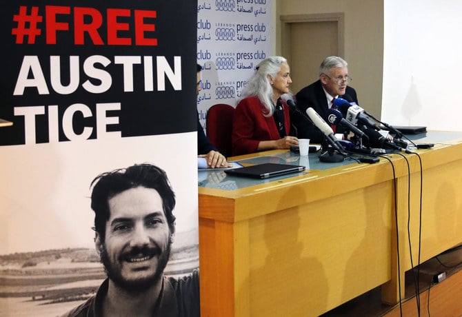 Marc and Debra Tice, the parents of Austin Tice, who is missing in Syria for nearly six years, speak during a press conference, at the Press Club, in Beirut on Dec. 4, 2018. (AP)