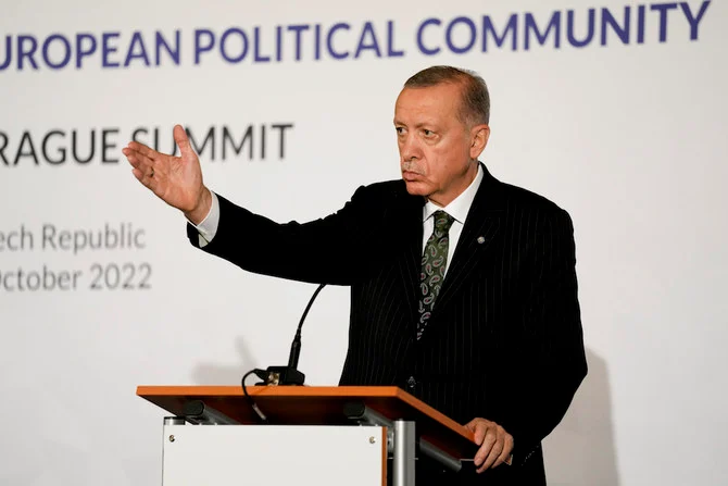 Turkey's President Recep Tayyip Erdogan speaks during a media conference after a meeting of the European Political Community at Prague Castle in Prague, Czech Republic. (AP)