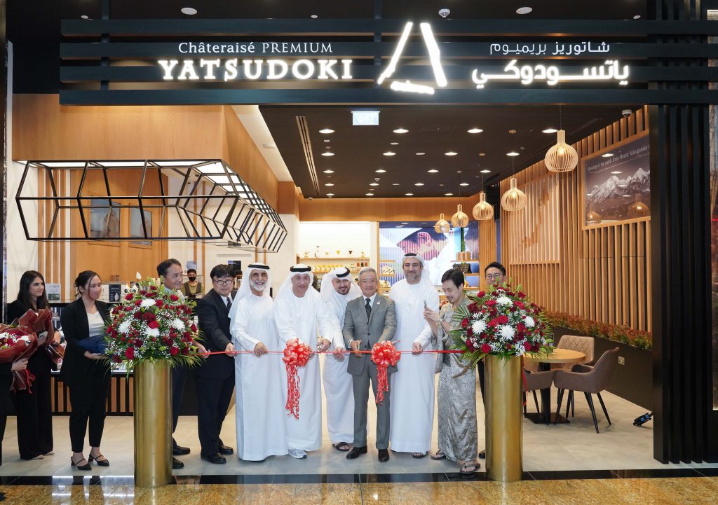 SEKIGUCHI Noboru, Consul-General of Japan in Dubai, Managing Director of the UAE shopping malls at Majid Al Futtaim Fuad Sharaf, Managing Director of JETRO Dubai and MENA Nobuyuki Nakajima, Vice Chairman and Group CEO of INDEX Holding Anas Al Madani at YATSUDOKI's official opening in Sharjah. (Supplied)